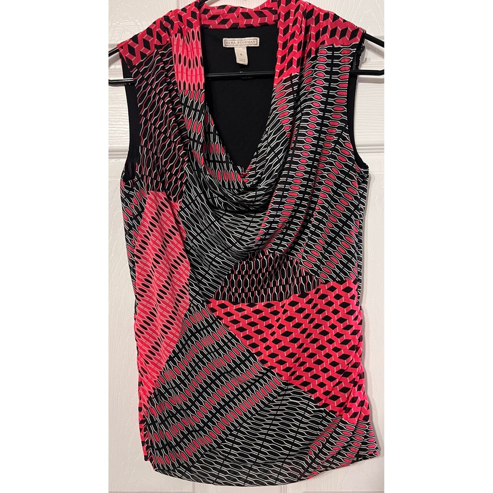 Dana Buchman Womens Pink Black Geometric Abstract Cowl Neck Sleeveless Top Sz S